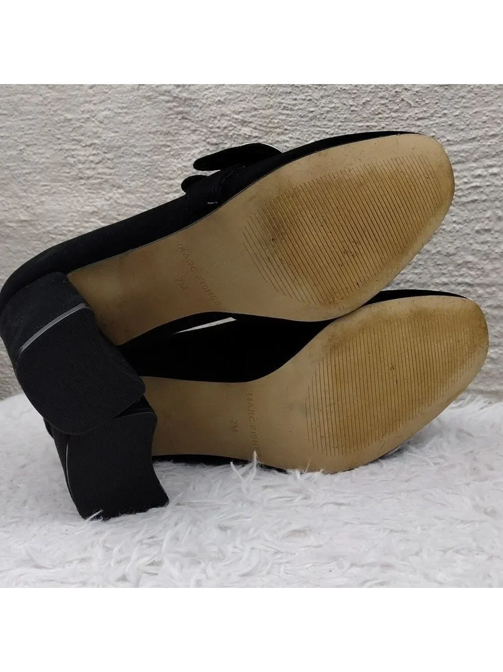 Marc Fisher Caila Black Suede Upper Round Toe Block High Heel Slip On Shoe